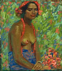 Roy Kneeland, Hawaiian girl adorned with Ilima Leis, oil on canvas