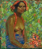Roy Kneeland, Hawaiian girl adorned with Ilima Leis, oil on canvas