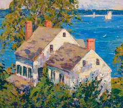 Eliot Candee Clark, Houses by the Bay, Cold Spring Harbor, Long Island or Blue Waters, oil on board