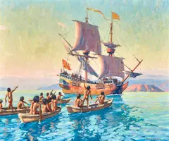 'San Carlos' First Ship to Enter San Francisco Harbor by Joe Duncan Gleason, oil on canvas, offered Aug 2022