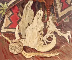 Clarence K. Hinkle, Skulls, pots and Indian blankets, oil on board