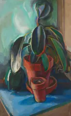Rubber plant and pots by Edouard Vysekal, oil on canvas, sold Aug 2022