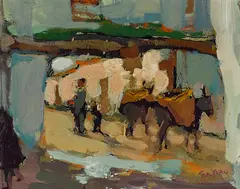 Si Chen Yuan, Mexican Village Scene with Figures and Burros, oil on Masonite