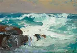 Franz Bischoff, Landscape with distant mountains and High Waves (a group of two)