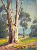 Summer Eucalyptus Landscapes (a group of three) by Paul Grimm, oil on canvas laid to board and oil on board, sold Aug 2022
