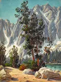 Mountains and Lake Landscapes (a group of two) by Paul Grimm, oil on canvas laid to board; oil on board, sold Aug 2022