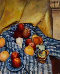 Rinaldo Cuneo, Still Life with Fruit on a Blue Gingham Cloth, oil on board