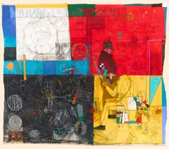 William T. Wiley, Untitled (rehabilitating the savages), 2006, pen, pastel, metallic ink and printed paper collage on archival pigment print