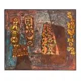 Wally Hedrick, Shopping Hour, 1955, oil, paper and sand on canvas in painted wood artist's frame