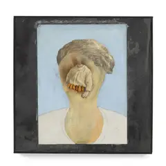 Smile Though Your Heart is Breaking by Llyn Foulkes, 2014, photograph, oil paint and seeds on wood block, sold Apr 2022