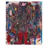 Jannis Varelas, Red Boots, 2013, charcoal, enamel, oil, pastel and crayon on canvas