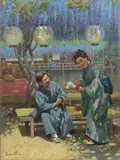 Theodore Wores, Wisteria Temple Shrine, Kameido, Tokyo, oil on canvas