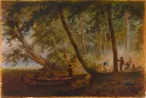 George Henry Burgess, Campfire Scene with Settlers and Native Americans, oil on paper laid down to board