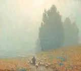 Granville Redmond, Shepherd on a path, oil on canvas