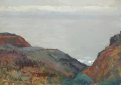 Coastal bluffs along a shore by Gottardo Piazzoni, oil on board, sold Apr 2022