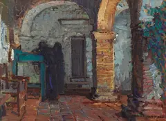 Monks Under a Mission Arcade by Joseph Kleitsch, oil on canvas affixed to board, sold Apr 2022