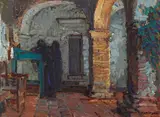 Joseph Kleitsch, Monks Under a Mission Arcade, oil on canvas affixed to board