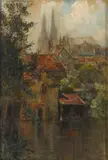 Francis Hopkinson Smith, Chartres Cathedral from across the L'Eure River, gouache on paper