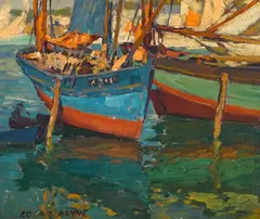 Edgar Alwin Payne, Two boats in a harbor, oil on canvas affixed to board