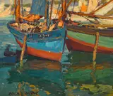 Edgar Alwin Payne, Two boats in a harbor, oil on canvas affixed to board