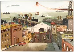 Jake Lee, A view of the Embarcadero with the bridge and Yerba Buena Island partially obscured by fog, watercolor on paper