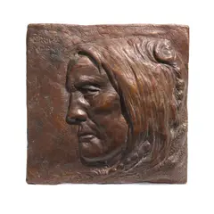 Edward Kemeys, Crow Warrior, bronze bas relief with medium brown patina