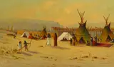 James Everett Stuart, Indian Salmon Fishing Camp at Celilo on the Columbia River, Oregon.