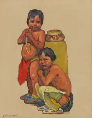 Study for Two Brothers by E. Irving Couse, oil on canvas, sold Apr 2022