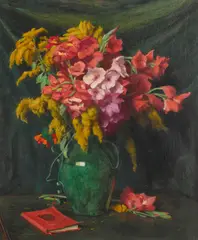 Gladiolus and Golden Rod by Joseph Henry Sharp, oil on canvas, sold Apr 2022