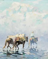 Eustace Paul Ziegler, Trapper with Two Pack Mules, oil on paperboard