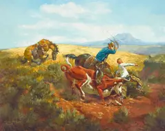 George Phippen, A Near Miss or The Loose Cinch, oil on canvas