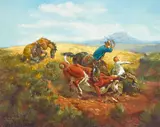 George Phippen, A Near Miss or The Loose Cinch, oil on canvas