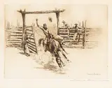 Edward Borein, Arizona Cowpunchers; Out of the Gate; Combing a Draw; Steer driven wagon ink drawing (Galvin 40; 80; 99), circa 1915, A group of 3 etching and drypoints and 1 ink drawing on various papers, 2 signed in pencil