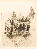 Edward Borein, Longhorns; Navajos; Navajo Visitors at Oraibi; Taos (Galvin 105; 183; 210; 234), no date, A group of 4 etching and drypoints on various papers, each signed in pencil, one with the artist remarque in pencil