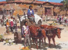 Figures with an oxen cart by Burt Procter, oil on Masonite, offered Apr 2022