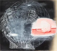 Globe and figure with parachute by Vernon Fisher, oil and chalk on black airbrush painted cream paper, sold Apr 2022