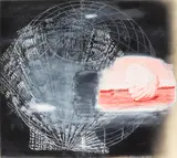 Vernon Fisher, Globe and figure with parachute, oil and chalk on black airbrush painted cream paper