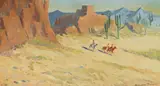 Edward Borein, Riders in a Canyon, oil on board