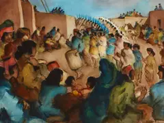 Gene Kloss, Indian Dance Procession in an Adobe Plaza, watercolor on paper