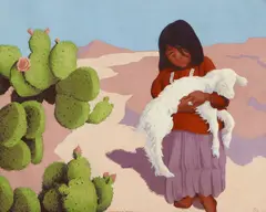 Conrad Buff, Navajo Child and Lamb, silkscreen on Masonite