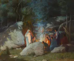 Evening Council by Joseph Henry Sharp, oil on canvas, sold Aug 2021