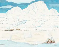 Emil Bisttram, Taos Mountain in Winter, oil on Masonite