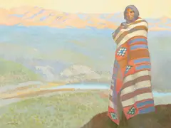 Ray Roberts, Navajo figure before a valley landscape, oil on canvas