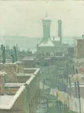 George F Muendel, Rooftops in Winter, 1898, oil on canvas