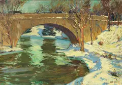 Jonas Lie, Central Park Bridge in Winter, oil on canvas