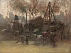 Paul Cornoyer, Construction Site, New York, circa 1910, oil on canvasboard