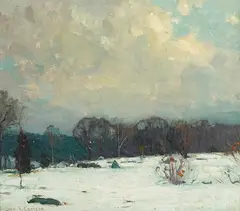Snowy Pastures by John F. Carlson, circa 1917, oil on canvas laid to artist board, sold Dec 2021