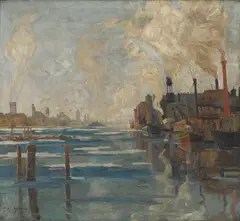 Zoltan Sepeshy, Along the Riverfront, likely Detroit, circa 1930, oil on canvas