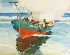 James Sessions, Figure in a beached fishing boat, 1938, watercolor and pencil on paper