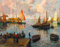 Paul Émile Lecomte, French harbor, oil on canvas